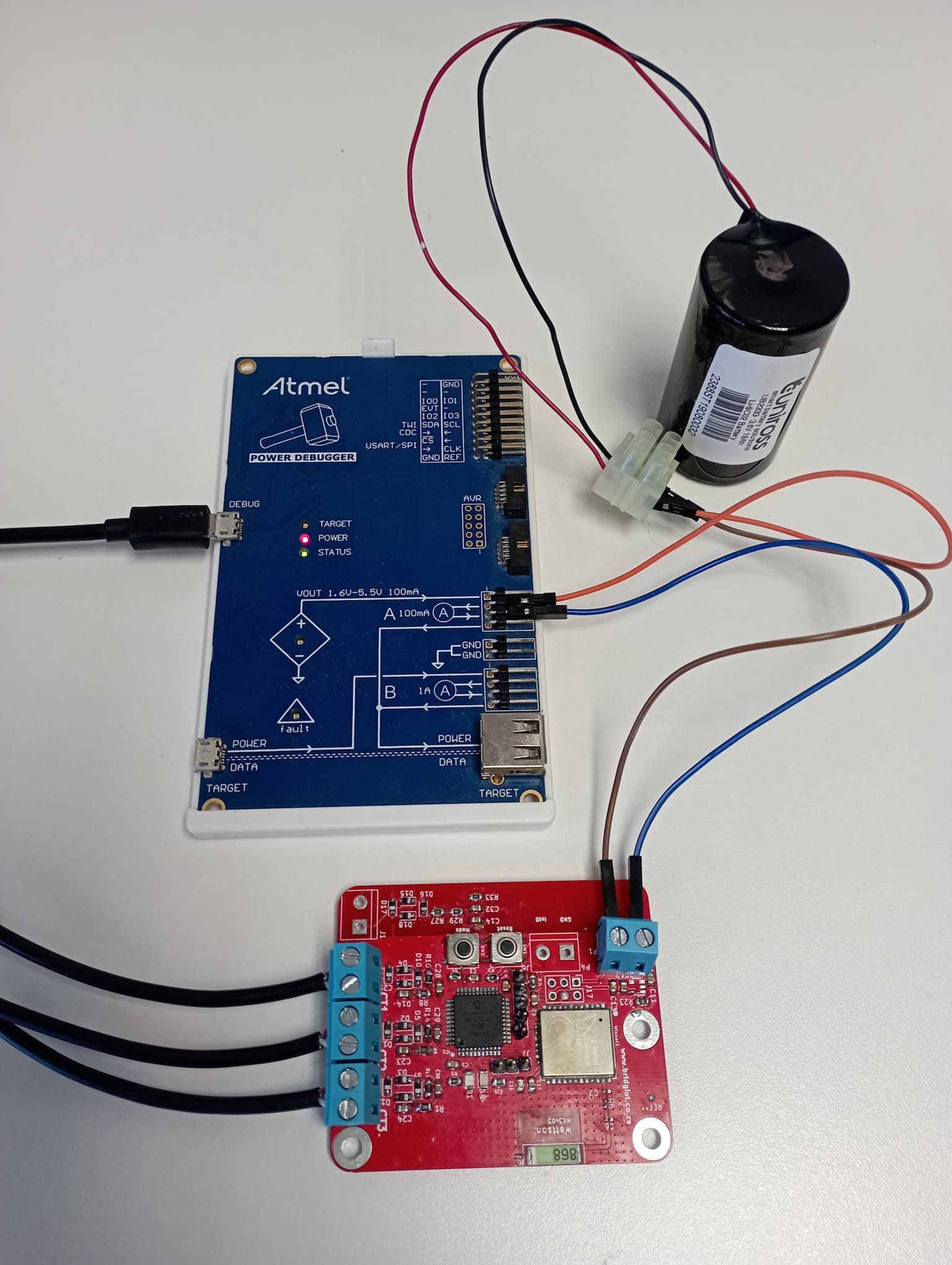 Using the Atmel Power debugger to profile the device's power usage.